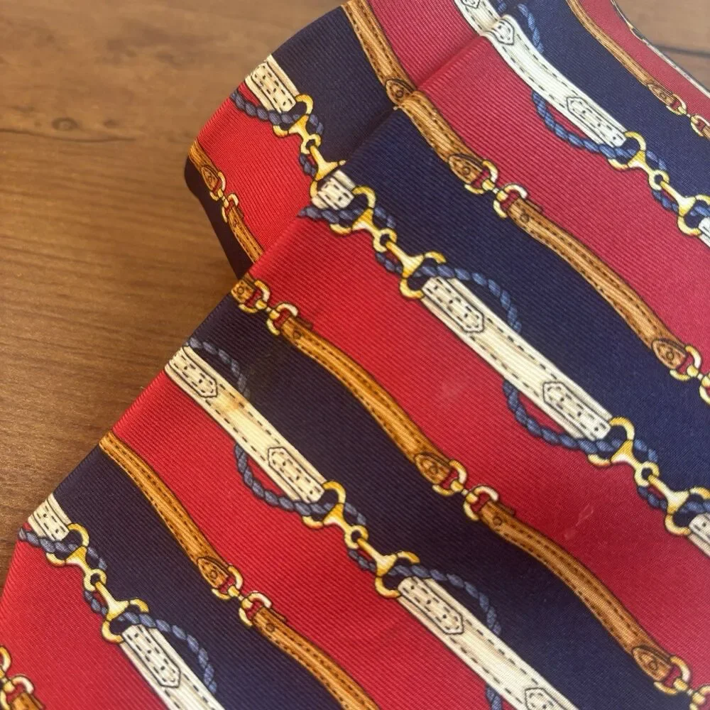 VTG Paolo Designed By Paolo Gucci Silk Tie Italy Equestrian Horsebit Red Navy